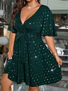 SHEIN Clasi 大码女式激光亮片腰部修身优雅轻盈鸡尾酒连衣裙 - 墨綠色 - 查看 7