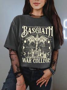 EMERY ROSE Basgiath War College - Fantasy Motif Black T - Shirt ,Casual Print,Comfortable And Versatile,Letter Pattern Pure T-Shirt,Unisex Style - Black - View 3