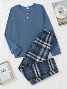 Tween Boy Brown Solid Comfortable Plaid 2 Pieces Pajama Set (Long Pants & Long Sleeve) Fall Winter Boys Lounge Set Plaid Pajama Set