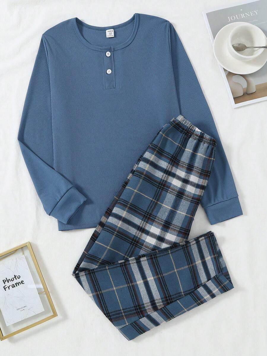 Tween Boy Brown Solid Comfortable Plaid 2 Pieces Pajama Set (Long Pants & Long Sleeve) Fall Winter Boys Lounge Set Plaid Pajama Set