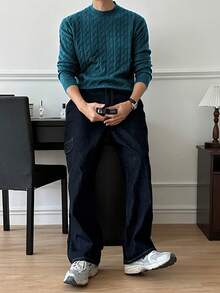 Claim Dot 男士纯色简约圆领长袖针织衫，休闲日常穿着男士麻花针织衫，绿松石色男士毛衣 - 水鴨藍 - 查看 4