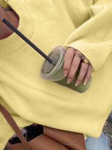 INAWLY Áo len chui đầu dáng rộng cổ tròn tay dài hở vai màu trơn cỡ lớn cho nữ, mùa thu/đông - Màu vàng - Xem 5