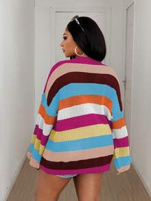 Maweii Plus Size Women Contrast Stripe Hollow Out Round Neck Casual Sweater - Hot Pink - View 2