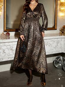 SHEIN LUNE 大码秋季服装全印花褶皱豹纹长袖连衣裙/秋季连衣裙/秋季女装秋季婚礼宾客连衣裙优雅女士连衣裙商务休闲女士工作连衣裙商务连衣裙 - 彩色 - 查看 4