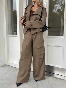 DAZY 女士纯色简约长袖外套和裤子两件套，休闲日常家居服套装 - 卡其色 - 查看 6