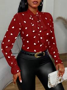 SHEIN Unity Áo sơ mi nữ tay dài thắt nơ phía trước họa tiết trái tim hình bướm - Nhiều màu - Xem 4