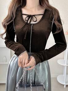 FRIFUL 女士圆领落肩长袖黑色撞色包边抽绳修身休闲百搭磨毛T恤，秋冬外出上衣 - 棕色 - 查看 3