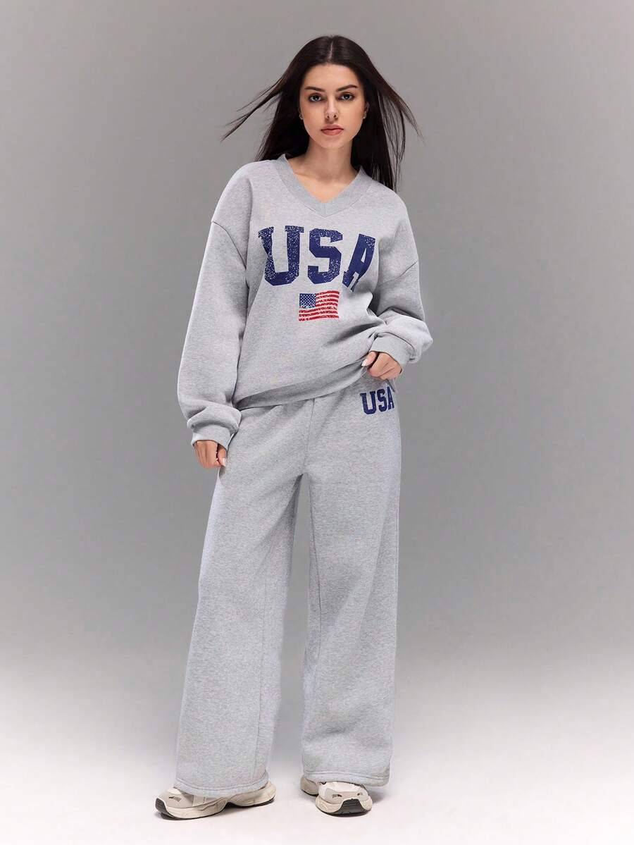 Sparklyn 少女休闲街头风格 V 领纽约字母印花套头衫套装 - 灰色 - 查看 1