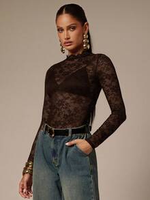 Silquee Women's Floral Lace Stand Collar Long Sleeve Sexy Bodysuit - Coffee Brown - View 5