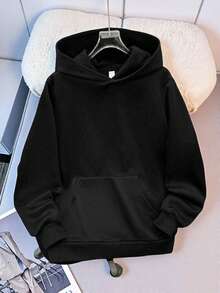 SHEIN Teen Boy Casual Loose Comfortable Versatile Solid Color All-Match Sweatshirt Autumn Winter Clothes ForGirln - Black - View 3