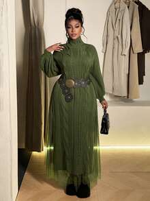 Maweii Plus Size Women Solid Stand Collar Double Slit Long Mesh Two Pieces Sweater Dress Setwinter Christmas Summer Party Elegant New Year - Green - View 5