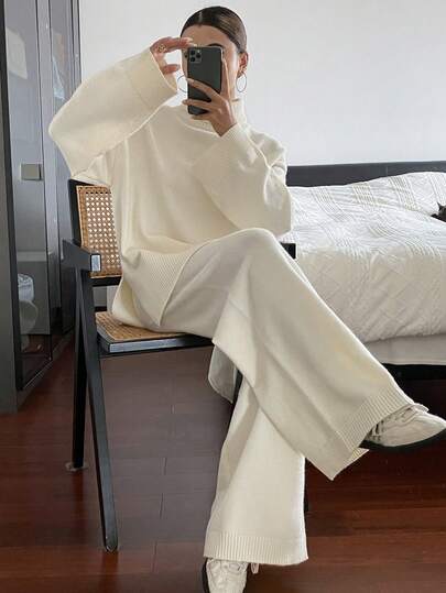 DAZY 女士纯色宽松高领开叉毛衣和直筒裤休闲优雅厚实两件套，秋冬