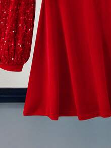 SHEIN Clasi 女式 V 领长袖红色亮片拼布腰部修身弹力串珠闪亮优雅日常穿着派对节日迷你连衣裙 - 紅色 - 查看 13