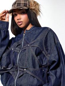 SUMWON WOMEN Oversized Denim Bomber Jacket With Applique Details And Belted Waist For Women Fall Winter Streetwear - Navy Blue - View 5