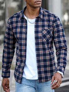 Manfinity CasualCool Men's Plaid Print Button Front Pocket Long Sleeve Shirt Flannels For Men Men Shirts Plaid Checkered Shirt Men Men Casual Long Sleeve Shirts Men Street Wear Shirt