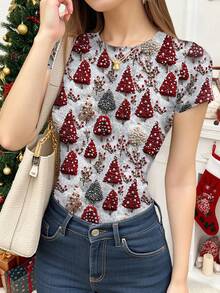 INAWLY 圣诞元素数码印花女式修身圆领T恤，圣诞树图案印花短袖T恤 - 彩色 - 查看 3