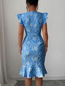 Elenzga Women's Square Neck Cap Sleeve Elegant Floral Jacquard Commuter Dress, Summer - Royal Blue - View 2