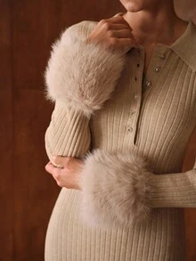 MOTF PREMIUM 秋冬款拼接仿皮草袖腰收腰优雅针织长裙 - 杏色 - 查看 3