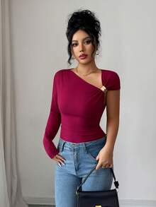 SHEIN Elenzya Women's Solid Color Metal Decor Asymmetric Collar Fitted Fashionable Blouse - Red Violet - View 7
