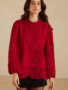 Aveloria Rosie 新款秋季法式休闲奢华刺绣镂空百褶前长袖衬衫 - 紅色 - 查看 5