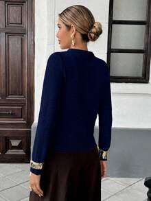 Pariaura 女式格子圆领长袖单排扣休闲针织开衫，秋冬 - 彩色 - 查看 2