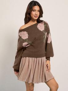 WESTFADE 乡村西部风花卉嵌花船领长袖针织毛衣，休闲可爱，西部风，波西米亚风，秋季，冬日 - 棕色 - 查看 2