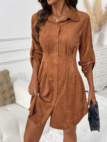 SHEIN Clasi Women's Suede Fleece Shirt Dress, Suitable For Commuting, Outings, And Gatherings,Winter Dress Fall Clothes For Women Autumn Dress Elegant Brown Dress