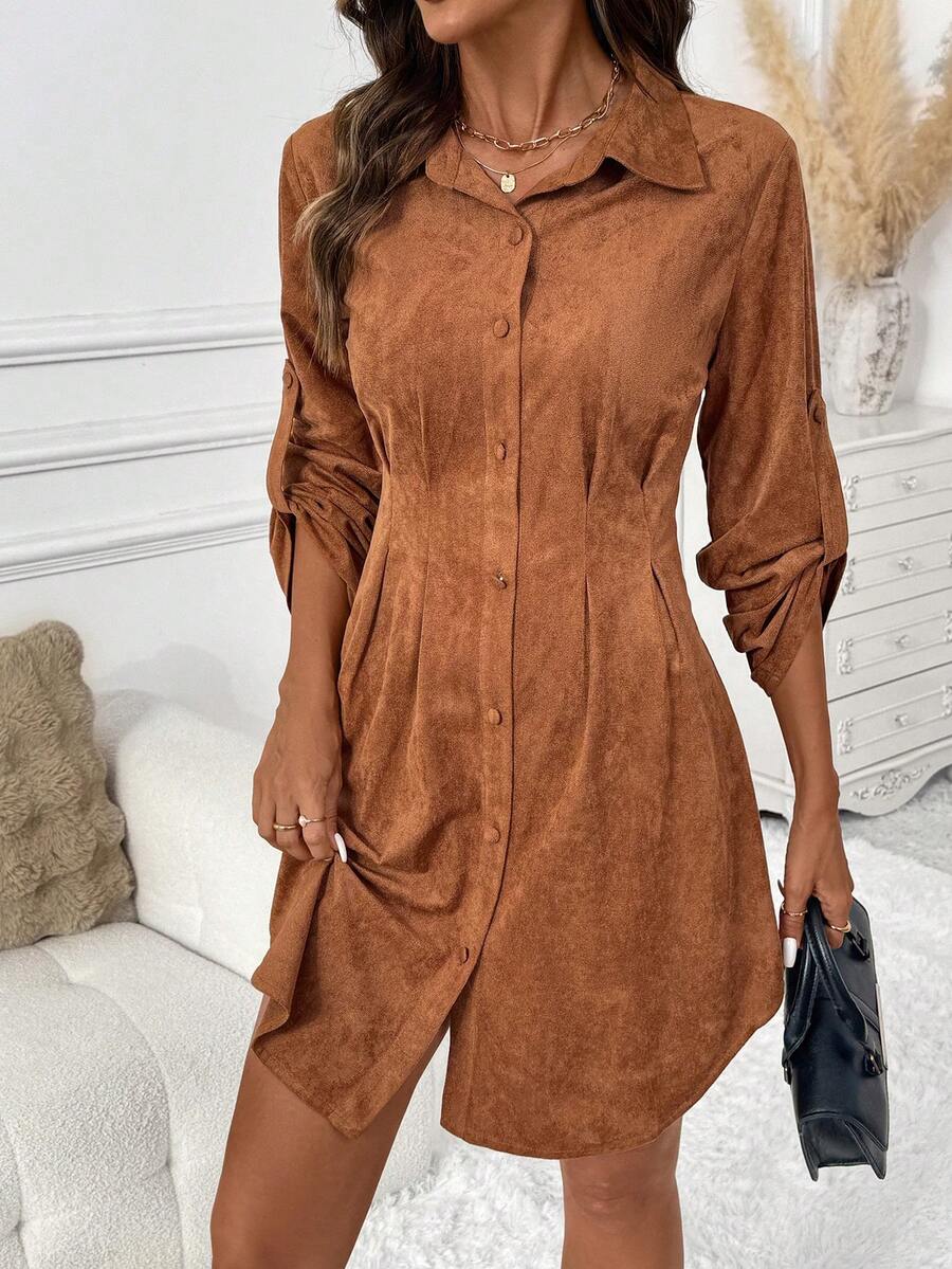 SHEIN Clasi Women's Suede Fleece Shirt Dress, Suitable For Commuting, Outings, And Gatherings,Winter Dress Fall Clothes For Women Autumn Dress Elegant Brown Dress - Brown - View 1