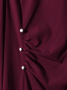 Franclia 女式纯色圆领荷叶边长袖优雅连衣裙 - 酒紅色 - 查看 6