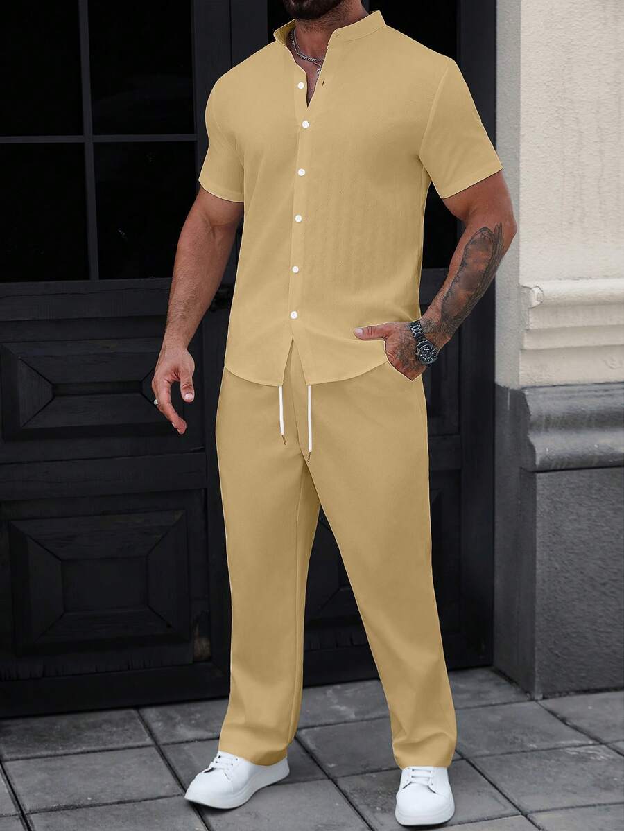 Manfinity Homme 男士休闲简约前扣短袖衬衫和裤子套装,夏季男士运动套装米色男士两件套夏季亚麻男士休闲西装男士两件套裤装 - 卡其色 - 查看 1
