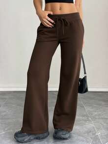 SHEIN PETITE 舒适休闲纯色针织低腰阔腿女式运动裤 - 棕色 - 查看 3