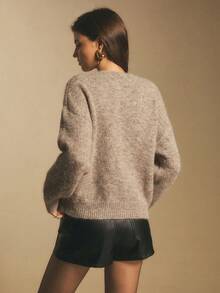 Poéselle 女式亮片拼布V领纽扣休闲长袖开衫 - 駝色 - 查看 6