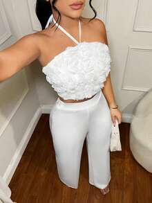 SHEIN SXY Damen Große Größen 3D Blumen Dekor Trägertop und weite Hose modisches 2-teiliges Set - Weiss - Übersicht 1