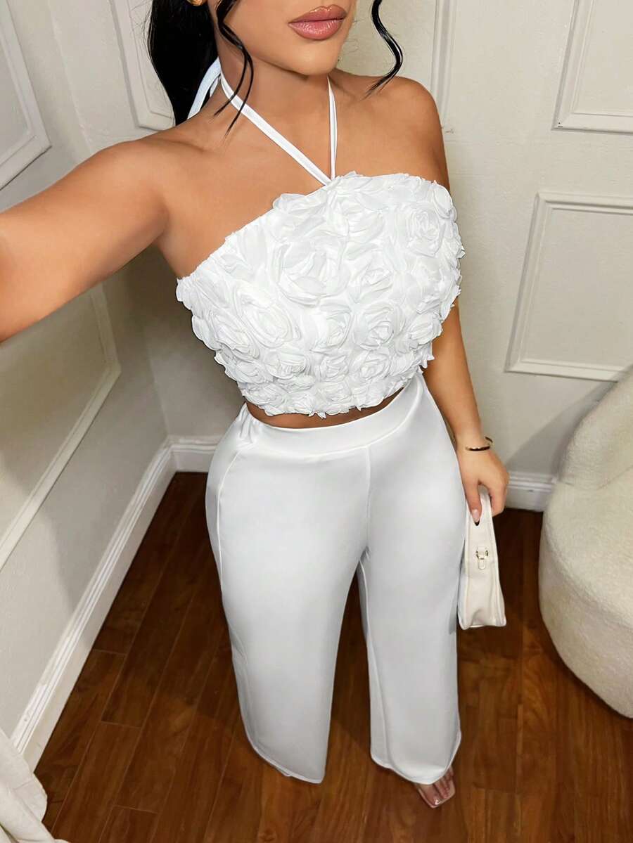 SHEIN SXY Damen Große Größen 3D Blumen Dekor Trägertop und weite Hose modisches 2-teiliges Set - Weiss - Übersicht 1