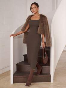 Modelyn 女士秋冬时尚复古硬币印花紧身连衣裙和短款蓬松夹克两件套 - 棕色 - 查看 7