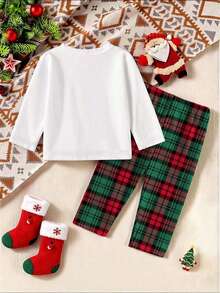 2 件套男婴圣诞字母印花针织圆领长袖运动衫上衣和格子圣诞树全身印花松紧腰裤，婴幼儿服装套装，圣诞快乐，适合节日、派对、日常休闲、聚会、春秋冬，6 个月至 3 岁 - 綠色 - 查看 3