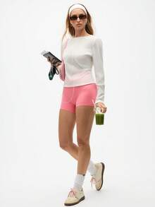 Eassivo Eassivo 女式纯色圆领长袖休闲健身运动T恤 - 白色 - 查看 6