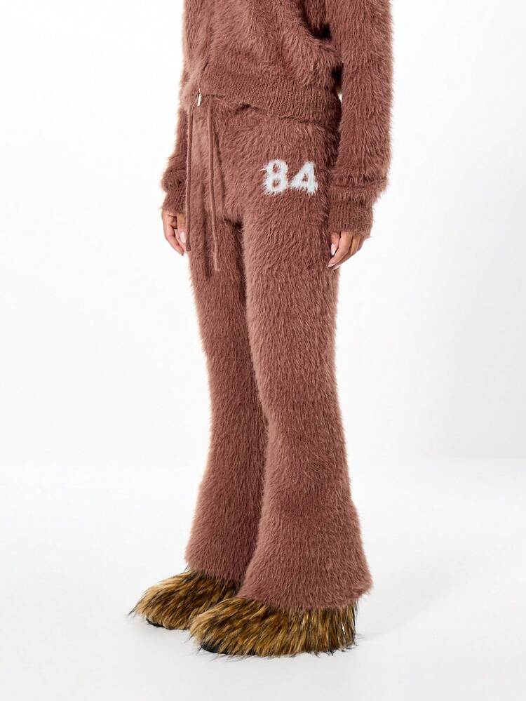 SUMWON Fluffy Knit Flared Joggers For Women High Waisted Bell Bottom Sweatpants With Letter Print Cozy Winter Loungewear