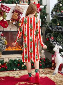 Tween Girls Striped Long Sleeve Casual Round Neck Christmas Tree Pattern Pajamas - Multicolor - View 2