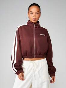 MISSGUIDED MSGD 全拉链运动衫，白色侧条纹撞色细节休闲街头短款运动上衣 - 棕色 - 查看 1