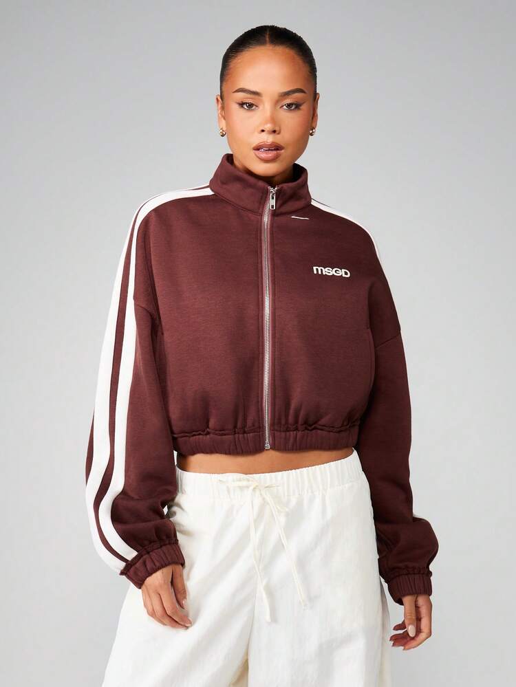 MISSGUIDED MSGD Full-Zip Sweatshirt With White Side Stripes Contrast Details Casual Streetwear Cropped Track Top