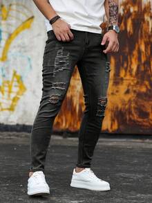Manfinity LEGND Men's Solid Color Ripped Skinny Pocket Casual Versatile Jeans Men Ripped Frayed Skinny Jeans - Black - View 6