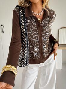 Siren Gaze Sequin Embellished Fashionable Women Long Sleeve Shirt Winter Brown Casual - Brown - View 1