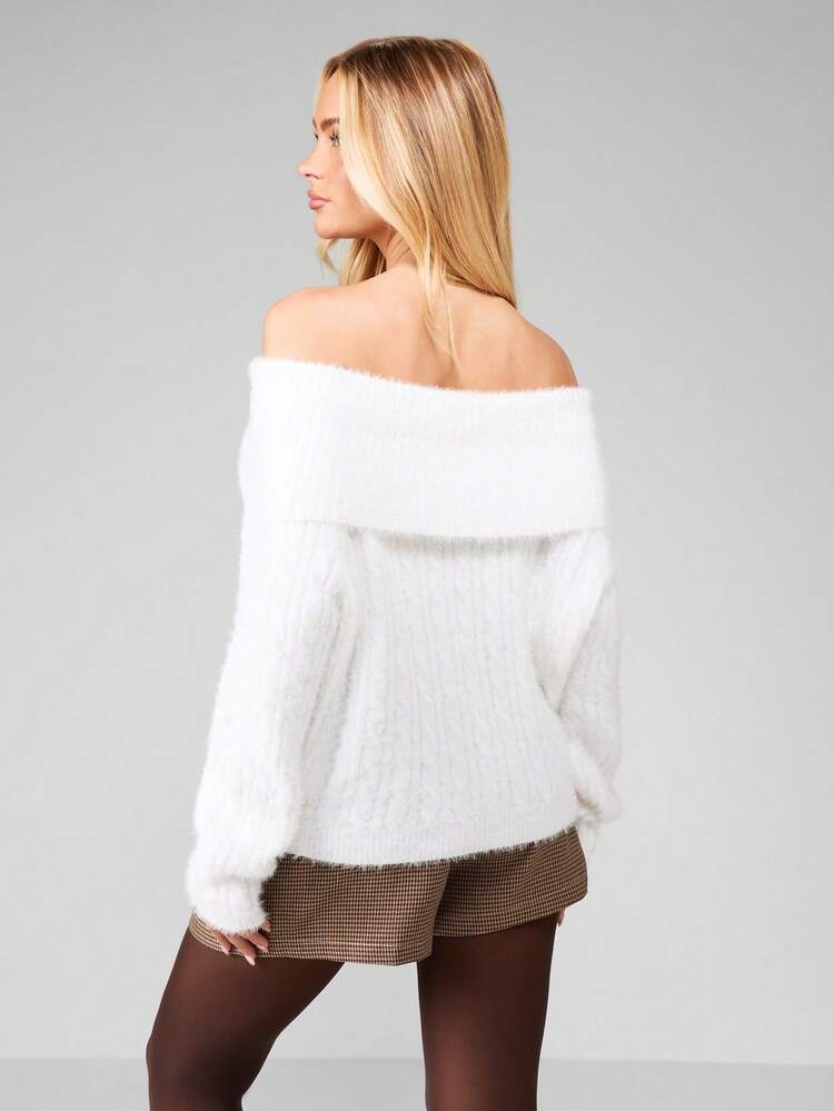 MISSGUIDED Off Shoulder Fuzzy Sweater Long Sleeve Winter Cozy Pullover Fall Fashion Knit Top