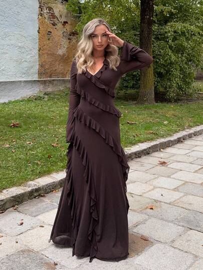 Jeta Ari Autumn Long Sleeve Maxi Dress, Romantic Sweet Ruffle Decor, Dating & Travel Inner Wear, Elegant Women Dresses For Holiday, Wedding, Party And Casual Occasions, Sleeveless, Mesh Sleeve, Plus Size