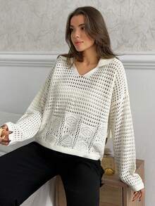 EURMUSE Damen einfarbiger Pullover mit Polokragen, Ausschnitt, Drop-Shoulder - Creme - Übersicht 6