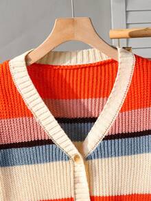 Cardigan tricotat lejer pentru femei, cu dungi, decolteu în V, stil casual, stil vacanță, pulover tricotat cu ciucuri multicolori, croială lejeră, stil dulce și tineresc, toamnă/iarnă