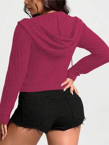 Calvaya Plus Size Casual Solid Color Zip-Up Drawstring Sweatshirt, Autumn - Hot Pink - View 2