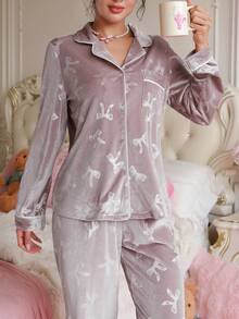 Bộ đồ ngủ nữ PetitDoll màu trơn nơ vải nhung jacquard và quần, bộ đồ ngủ mềm mại thu đông, bộ đồ ngủ lụa, đồ ngủ nữ 2 món, bộ đồ ngủ - Bụi tím - Xem 4