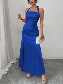 Rafferiza Elegant Champagne Color Bodycon Cami Elastic Satin Thigh High Slit Dress - Royal Blue - View 5